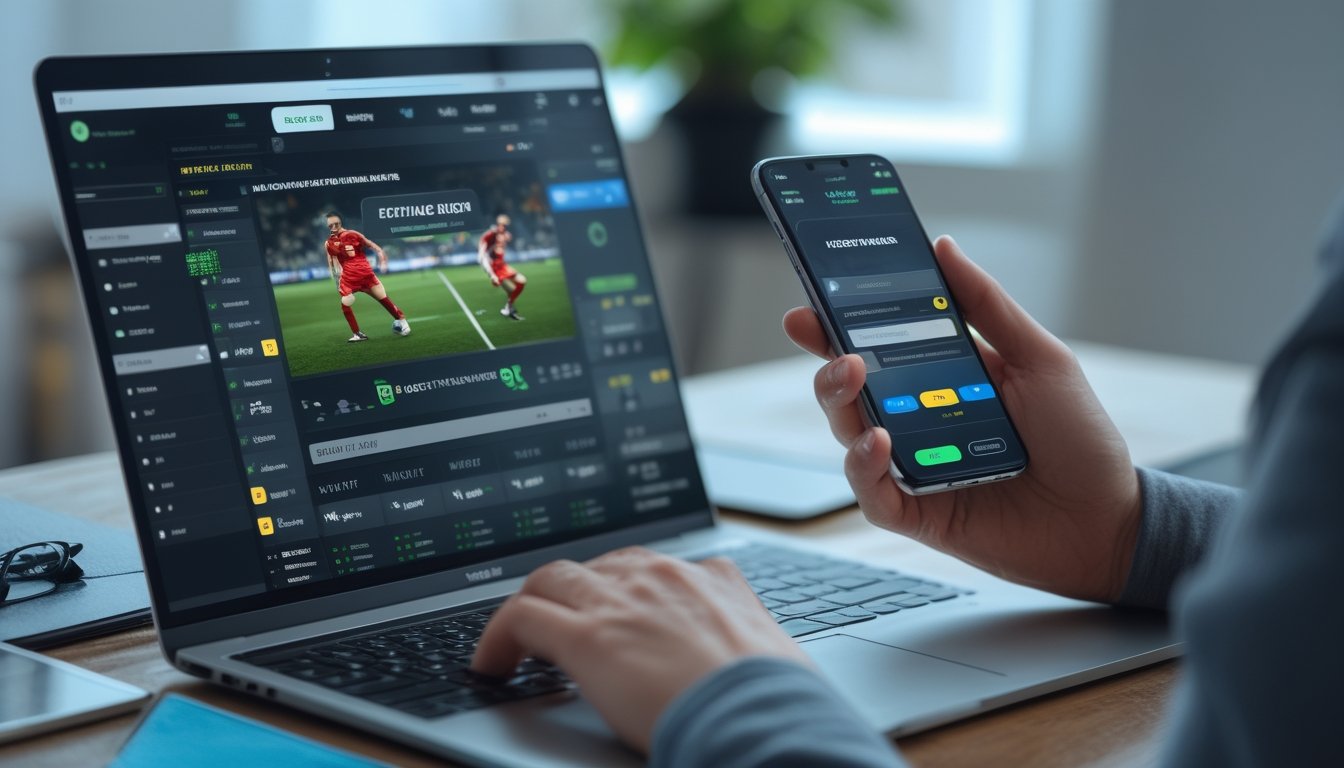 Seseorang menggunakan laptop dan ponsel untuk melakukan transaksi cepat di situs taruhan bola online.