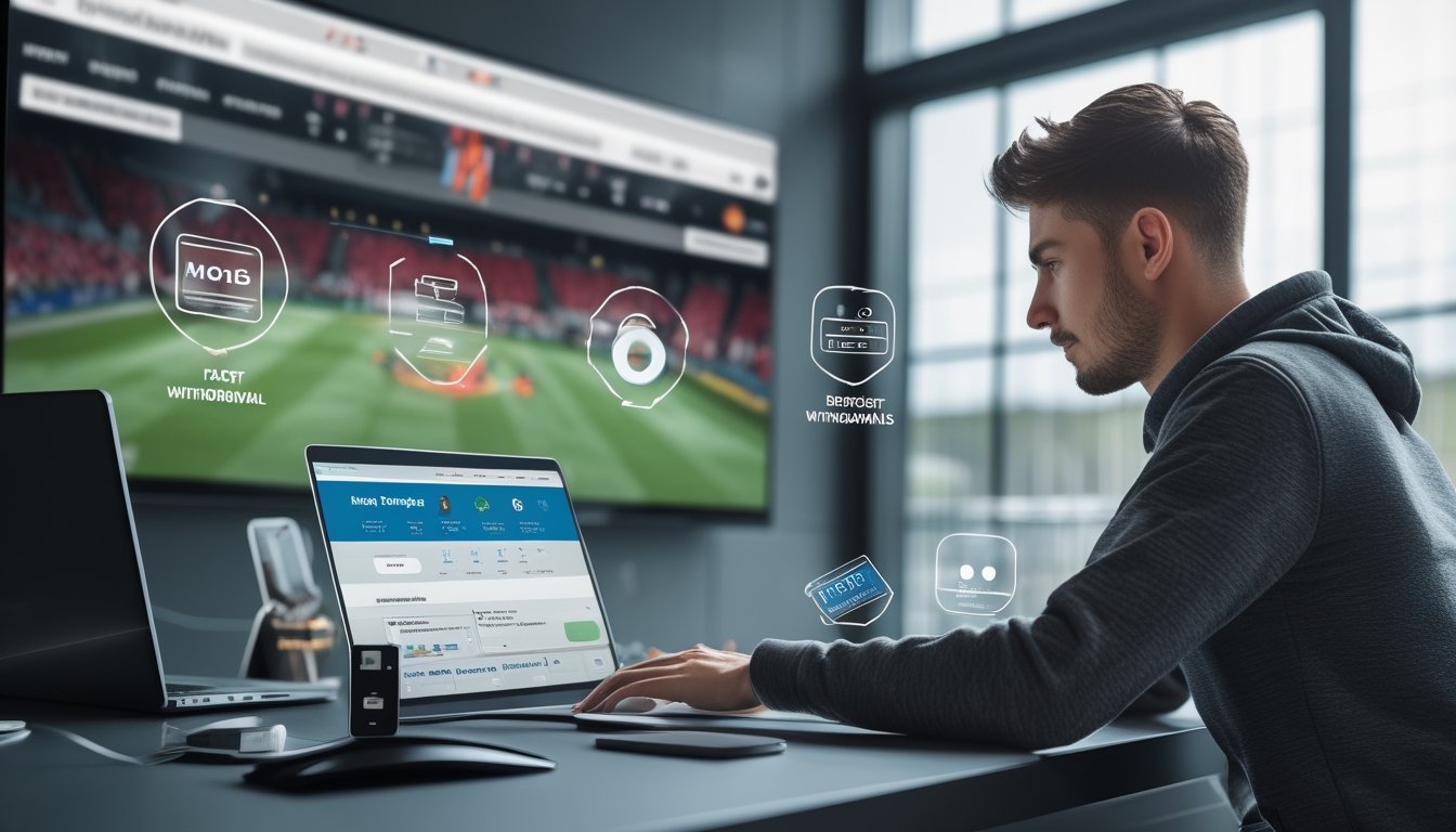 Seorang pria muda menggunakan laptop di meja dengan layar besar menampilkan pertandingan sepak bola, di sekitarnya terdapat simbol metode pembayaran populer.