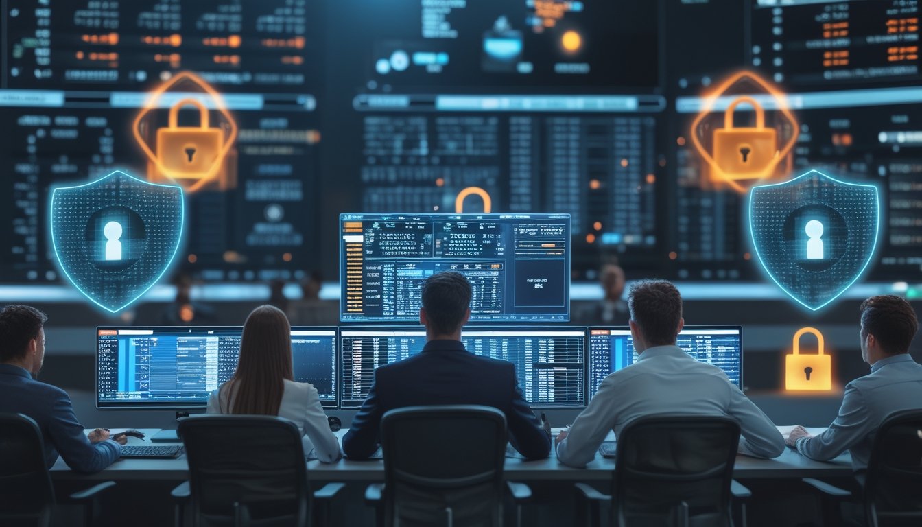 Seorang ahli keamanan data memantau layar komputer dengan tampilan kode terenkripsi dan statistik taruhan olahraga di kantor modern.