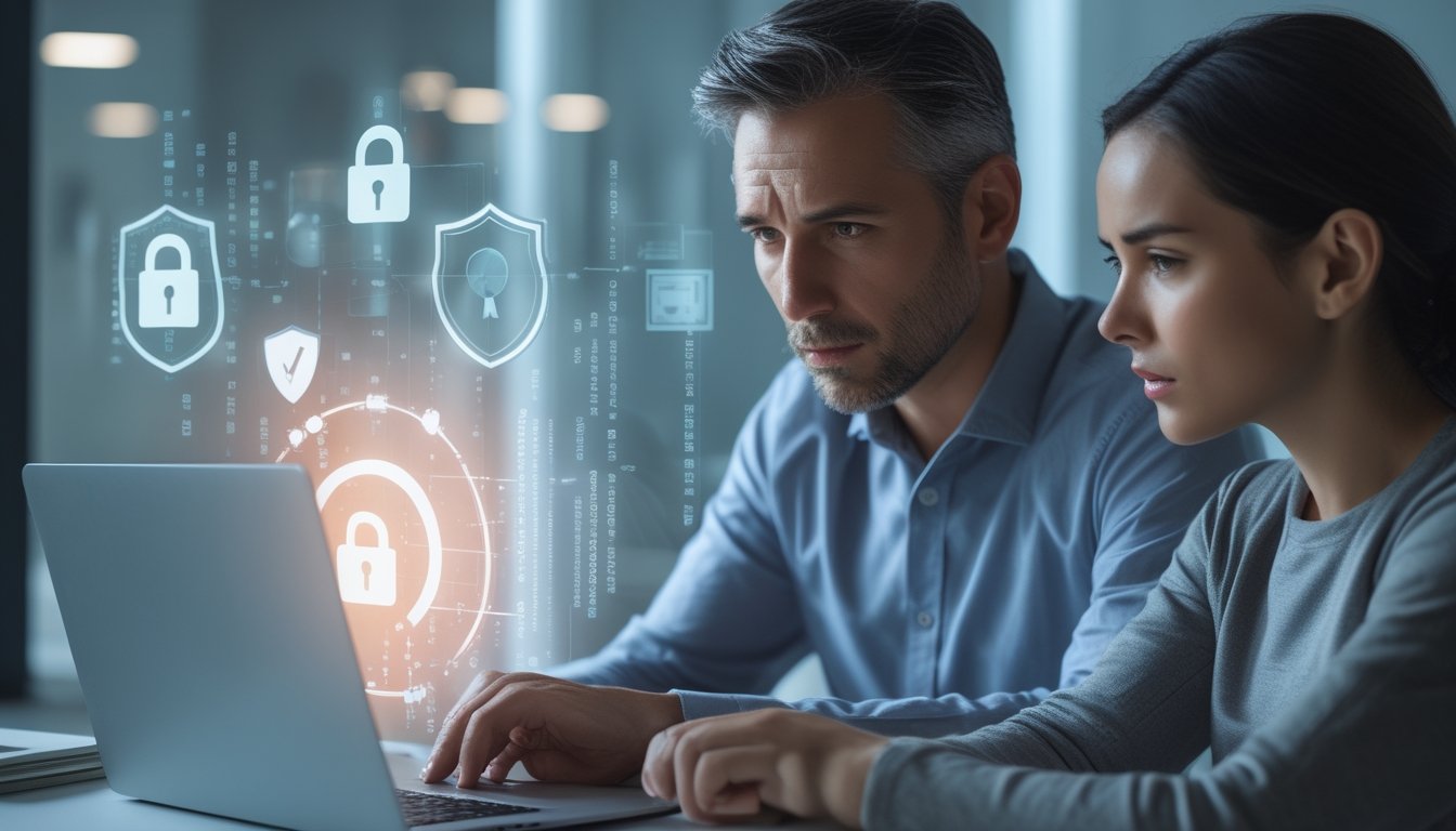 Dua orang dewasa melihat layar laptop dengan ekspresi serius di kantor modern, menandakan kekhawatiran tentang keamanan data.