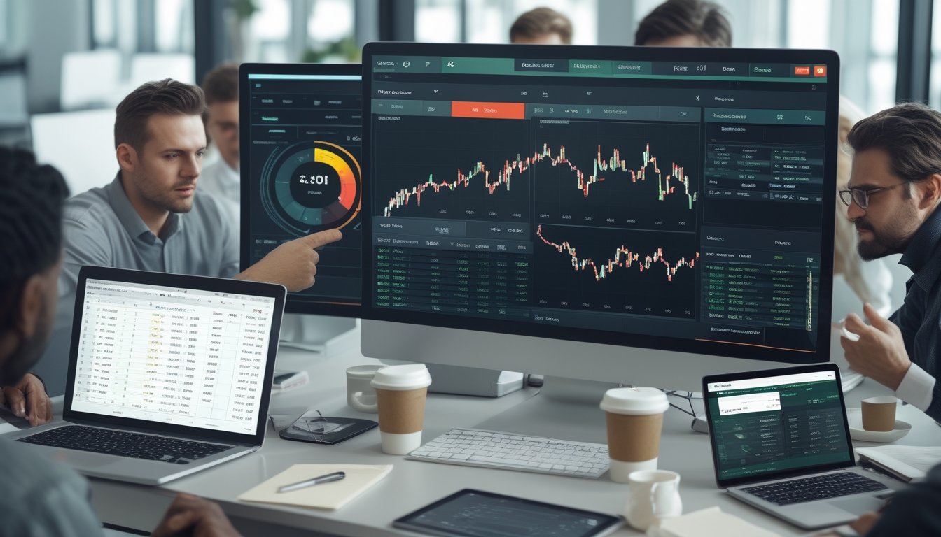 Sekelompok orang sedang menganalisis data dan grafik peluang taruhan bola di ruang kantor modern.