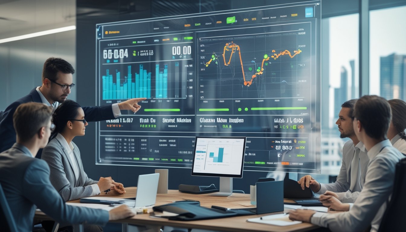 Sekelompok profesional bisnis sedang menganalisis data odds taruhan olahraga di layar digital di dalam kantor modern.
