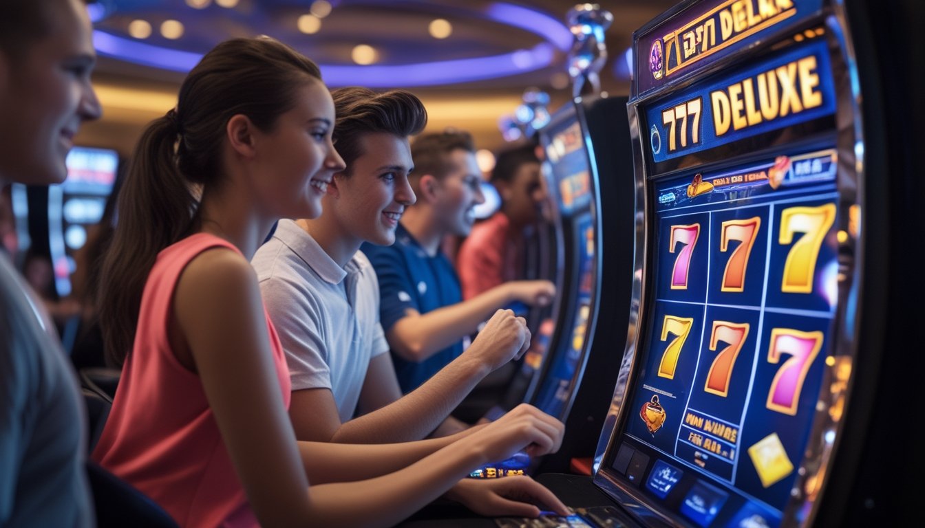 Sekelompok orang muda bermain mesin slot 777 Deluxe di dalam kasino dengan pencahayaan warna-warni dan suasana yang hidup.