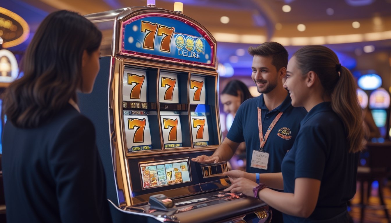 Seorang pemula sedang menerima panduan dari petugas kasino di depan mesin slot 777 Deluxe di dalam kasino.