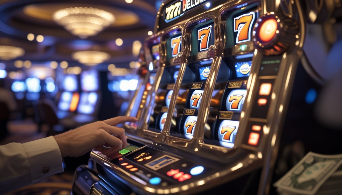 Mesin slot 777 Deluxe menunjukkan kombinasi kemenangan dengan cahaya terang di kasino mewah, tangan pemain menekan tombol putar.