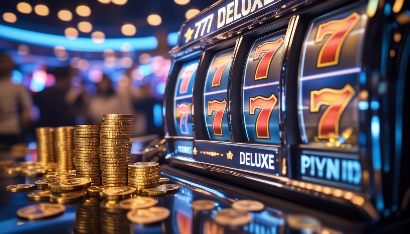 Mesin slot 777 Deluxe dengan koin emas dan chip kasino di sekitarnya, suasana kasino yang cerah dan penuh semangat.
