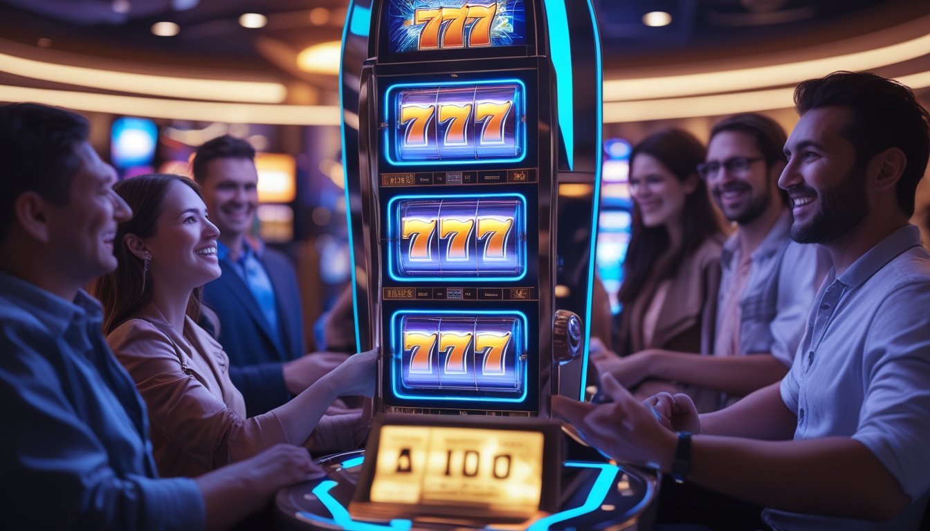 Orang-orang sedang bermain mesin slot dengan angka 777 di kasino yang ramai dan cerah.