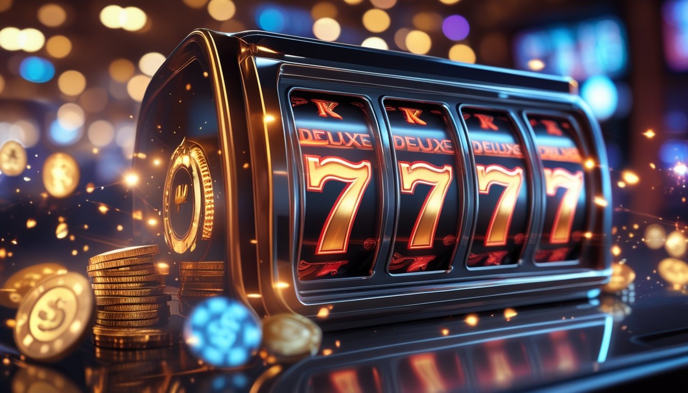 Mesin slot modern dengan angka 777 menyala, dikelilingi koin dan chip kasino di latar belakang kasino yang mewah.