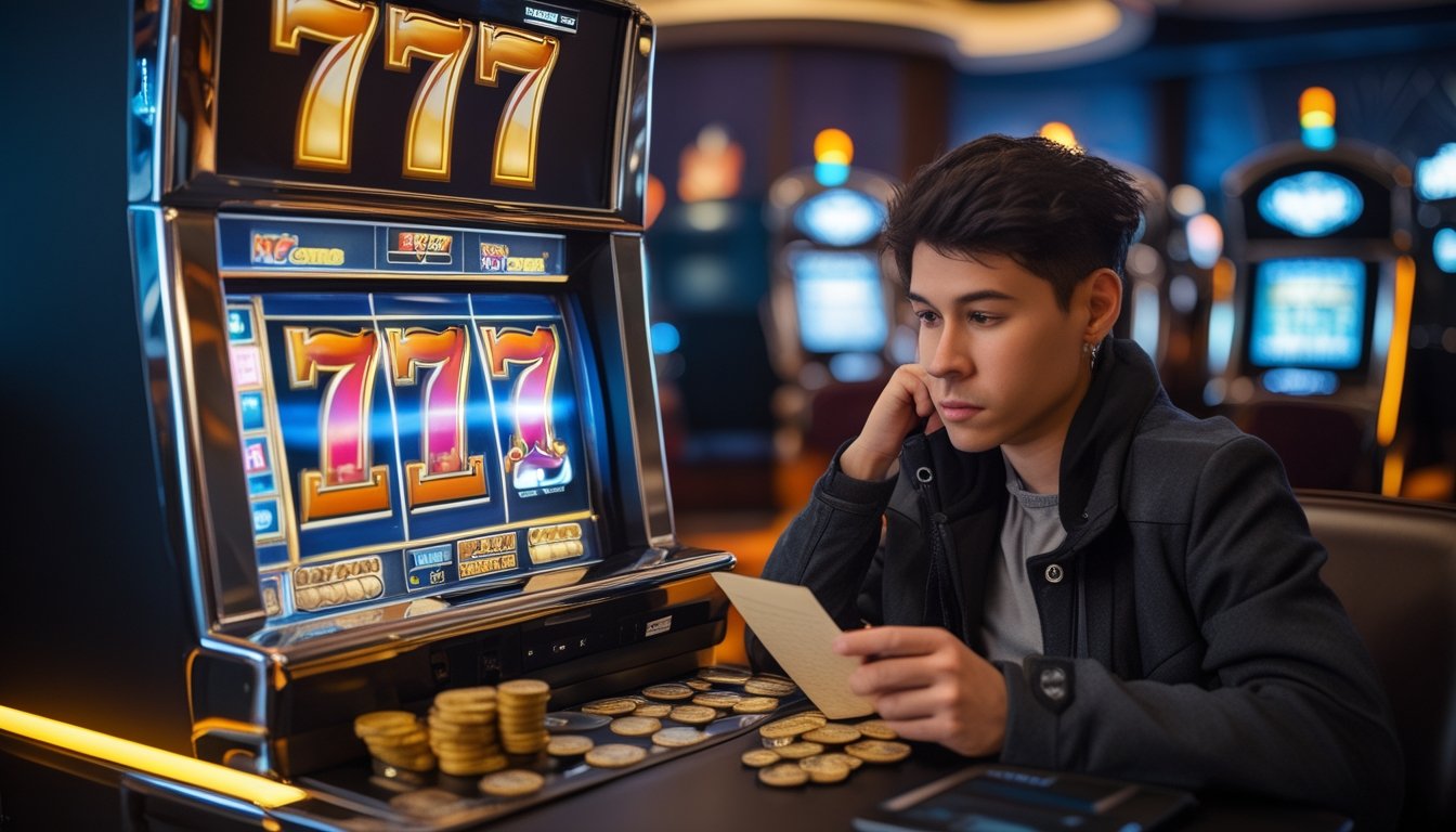 Seseorang duduk di depan mesin slot 777 Deluxe sambil mengatur modal dengan tenang di ruangan kasino.