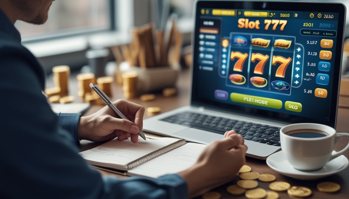 Seseorang yang fokus mengatur anggaran saat bermain permainan slot online dengan laptop, kalkulator, dan catatan di meja.