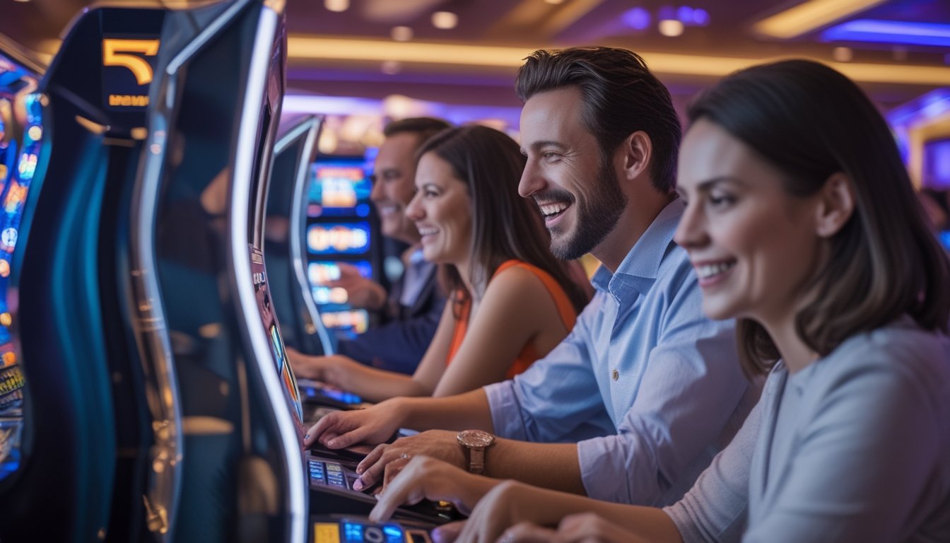Orang-orang bermain mesin slot 777 Deluxe di dalam kasino yang terang dan ramai dengan ekspresi antusias dan senang.