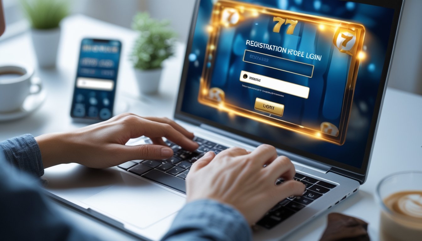 Tangan seseorang sedang mengetik di laptop dengan layar menampilkan halaman masuk permainan slot online, di meja terdapat ponsel dan cangkir kopi.