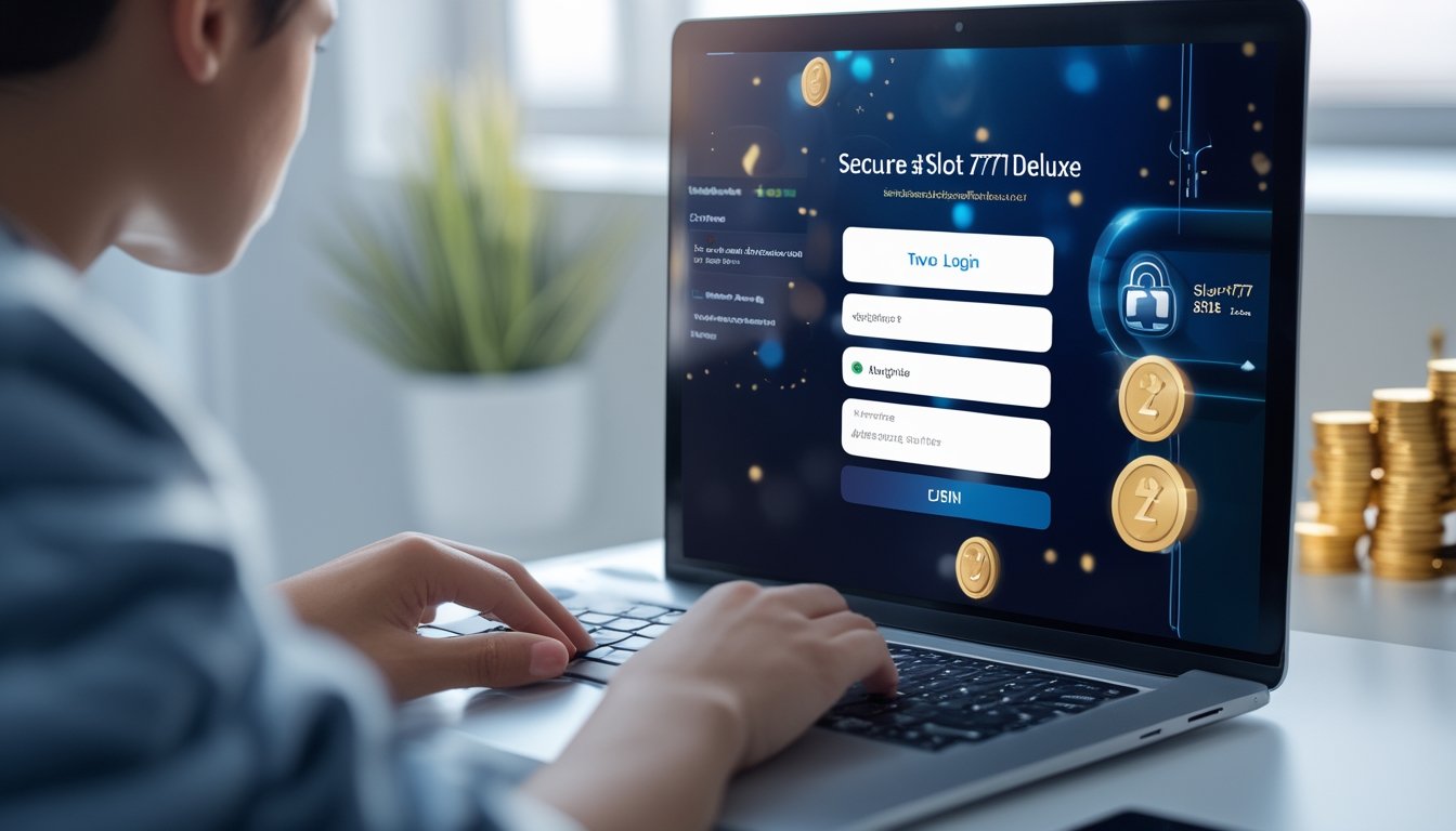 Seorang dewasa muda menggunakan komputer di ruang kerja modern untuk mendaftar dan masuk ke platform permainan slot online dengan tampilan antarmuka yang aman.