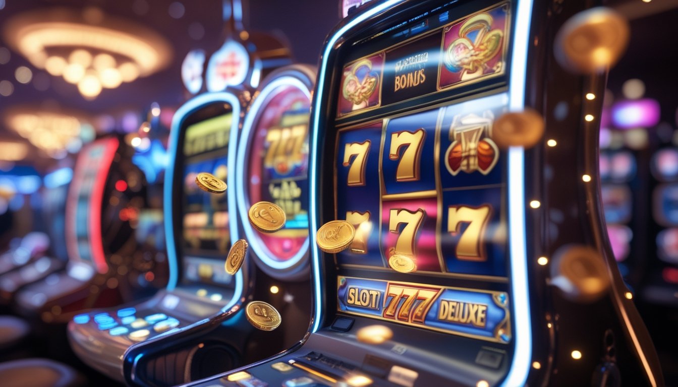 Mesin slot modern dengan gulungan yang menampilkan simbol tiga angka tujuh dan koin emas berkilau di latar kasino.