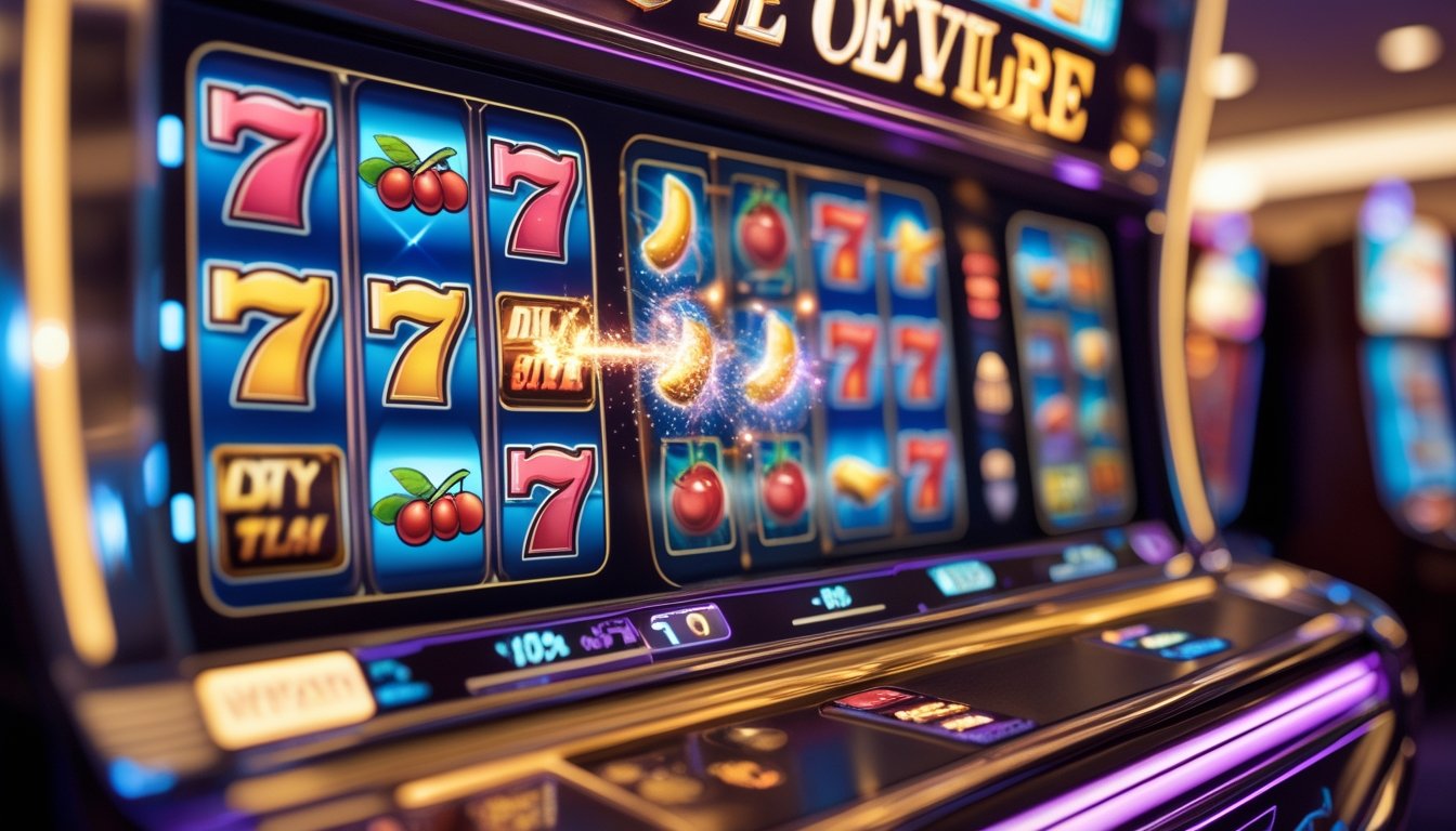 Mesin slot modern menampilkan fitur bonus dengan simbol warna-warni dan efek cahaya di dalam lingkungan kasino yang mewah.