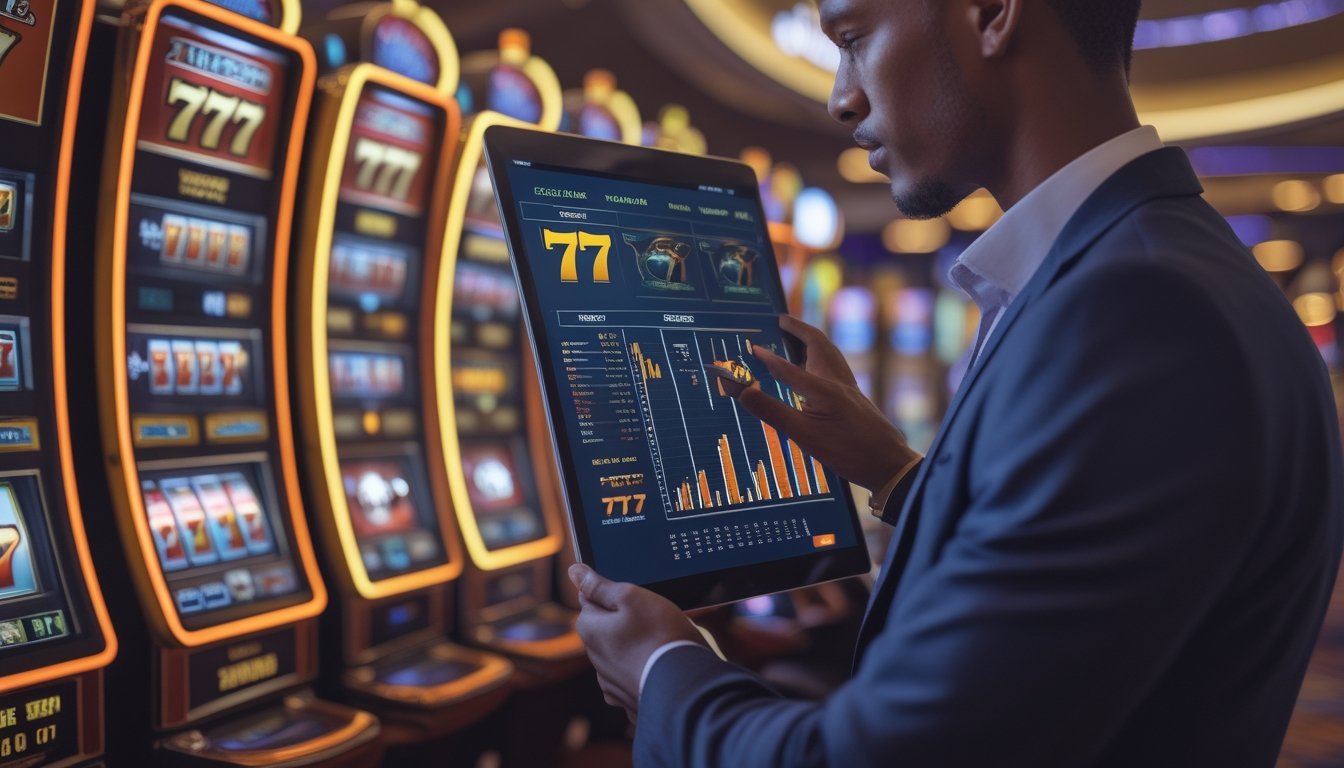 Seorang analis sedang memeriksa data di tablet di depan mesin slot 777 Deluxe di dalam kasino.