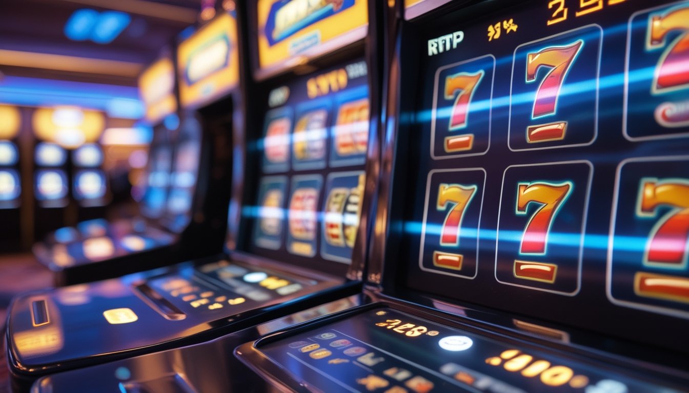 Close-up mesin slot 777 Deluxe dengan tampilan statistik RTP dan latar belakang kasino yang samar.