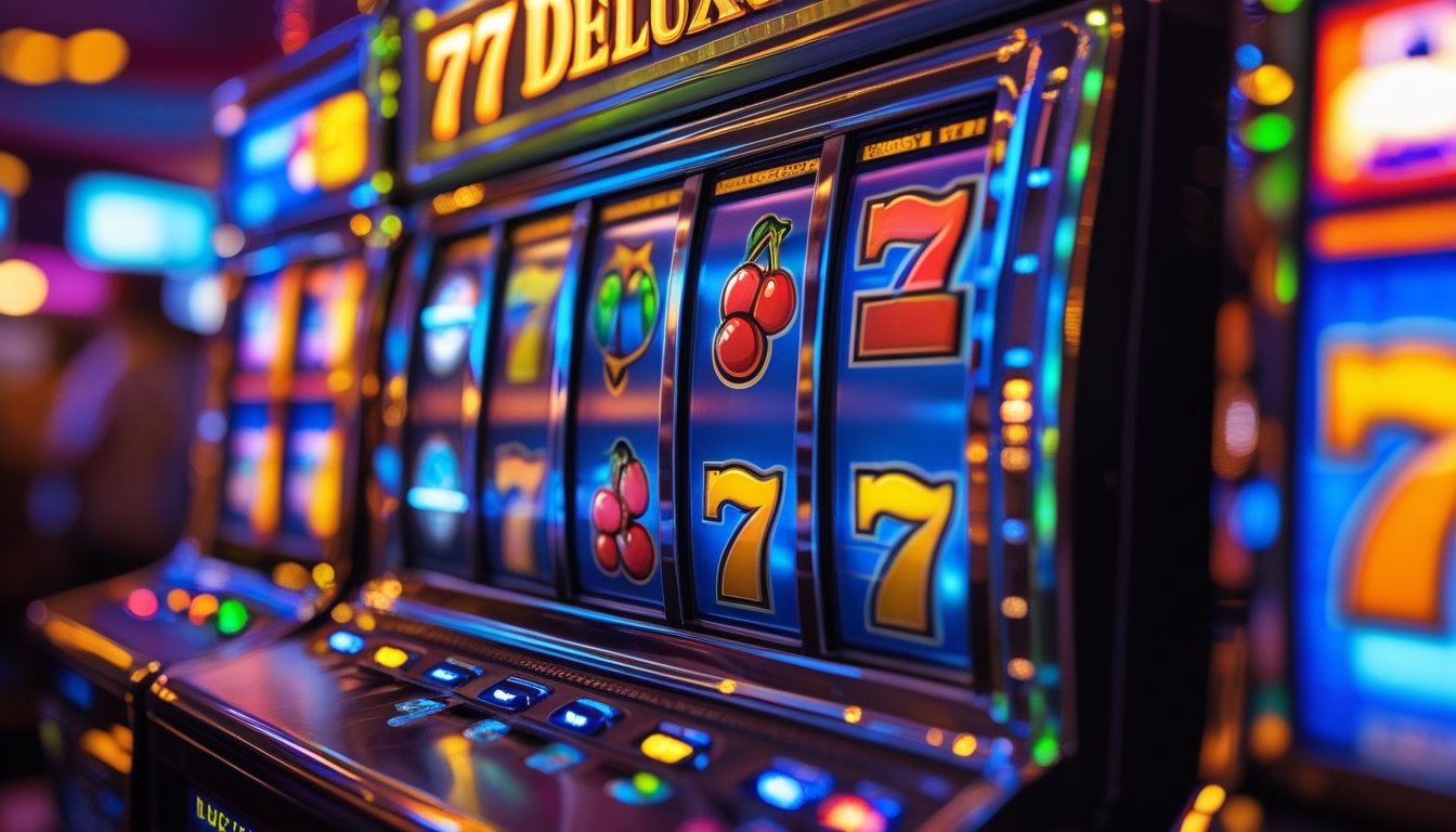 Mesin slot 777 Deluxe yang berwarna-warni dengan simbol scatter yang menyala dan latar belakang kasino yang ramai.