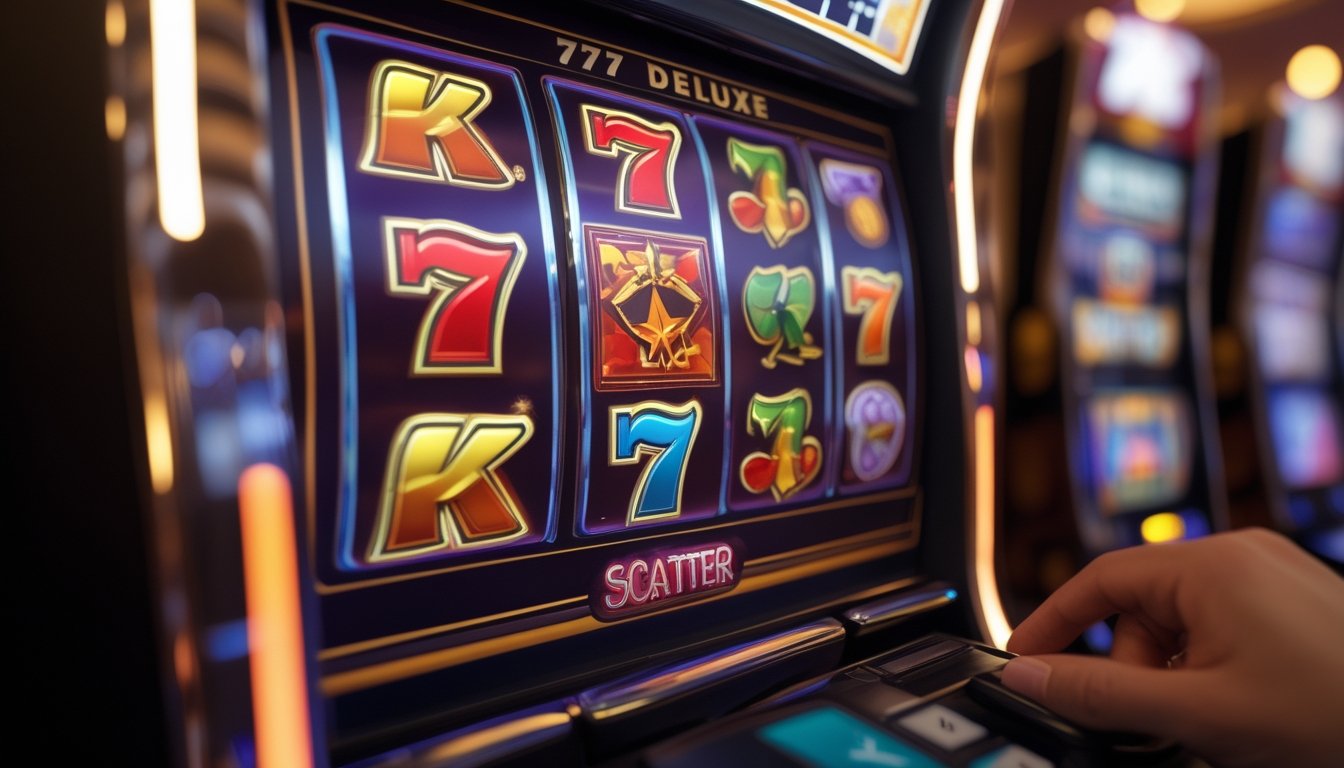 Foto close-up mesin slot dengan simbol Scatter yang terlihat jelas di layar permainan slot 777 Deluxe.