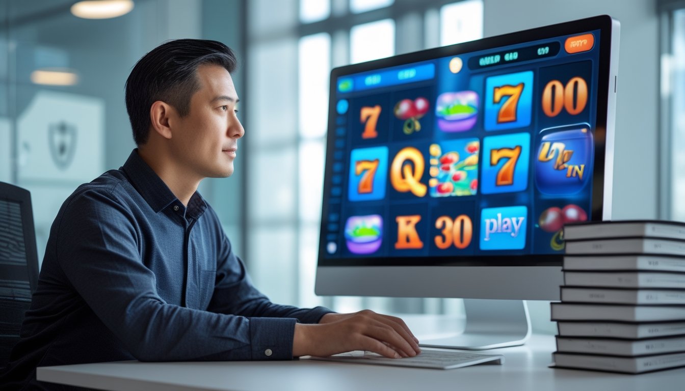 Seorang pria Asia duduk di depan komputer yang menampilkan permainan slot online berwarna-warni di kantor modern yang terang dan rapi.