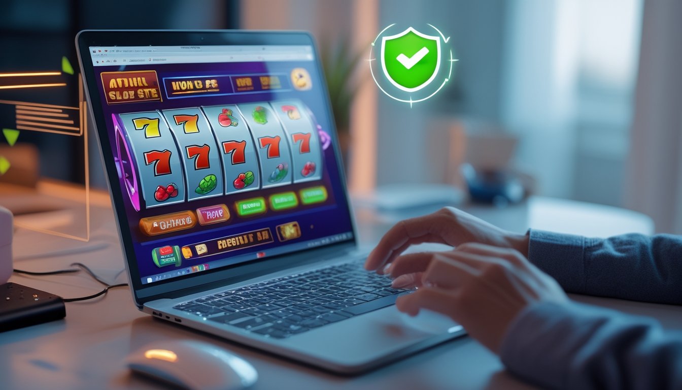 Seorang pria menggunakan laptop dengan tampilan permainan slot online di layar, di meja kerja yang rapi dengan ikon keamanan digital di latar belakang.
