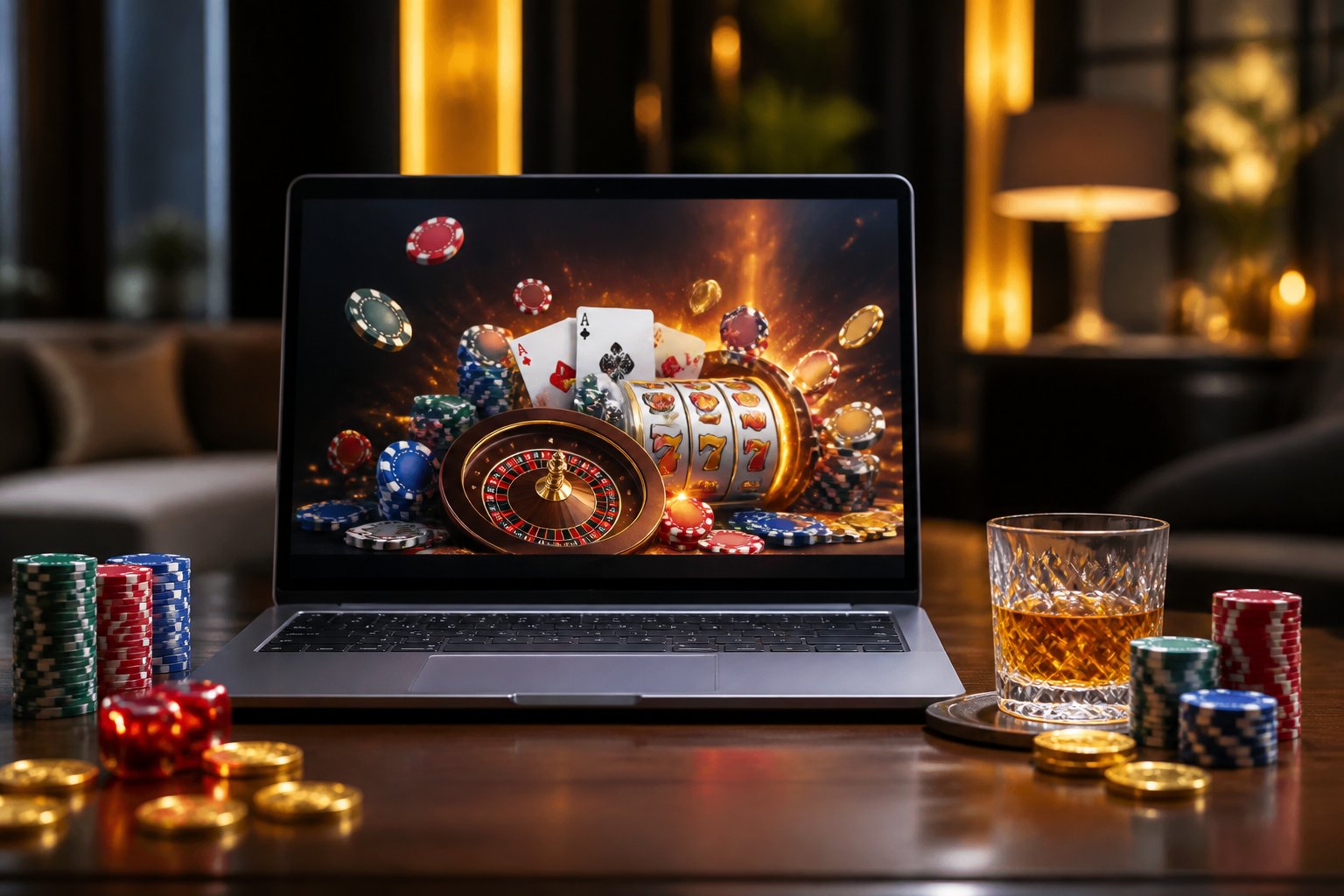 A laptop showing a colorful online casino game with poker chips and playing cards on a wooden table in a cozy room.