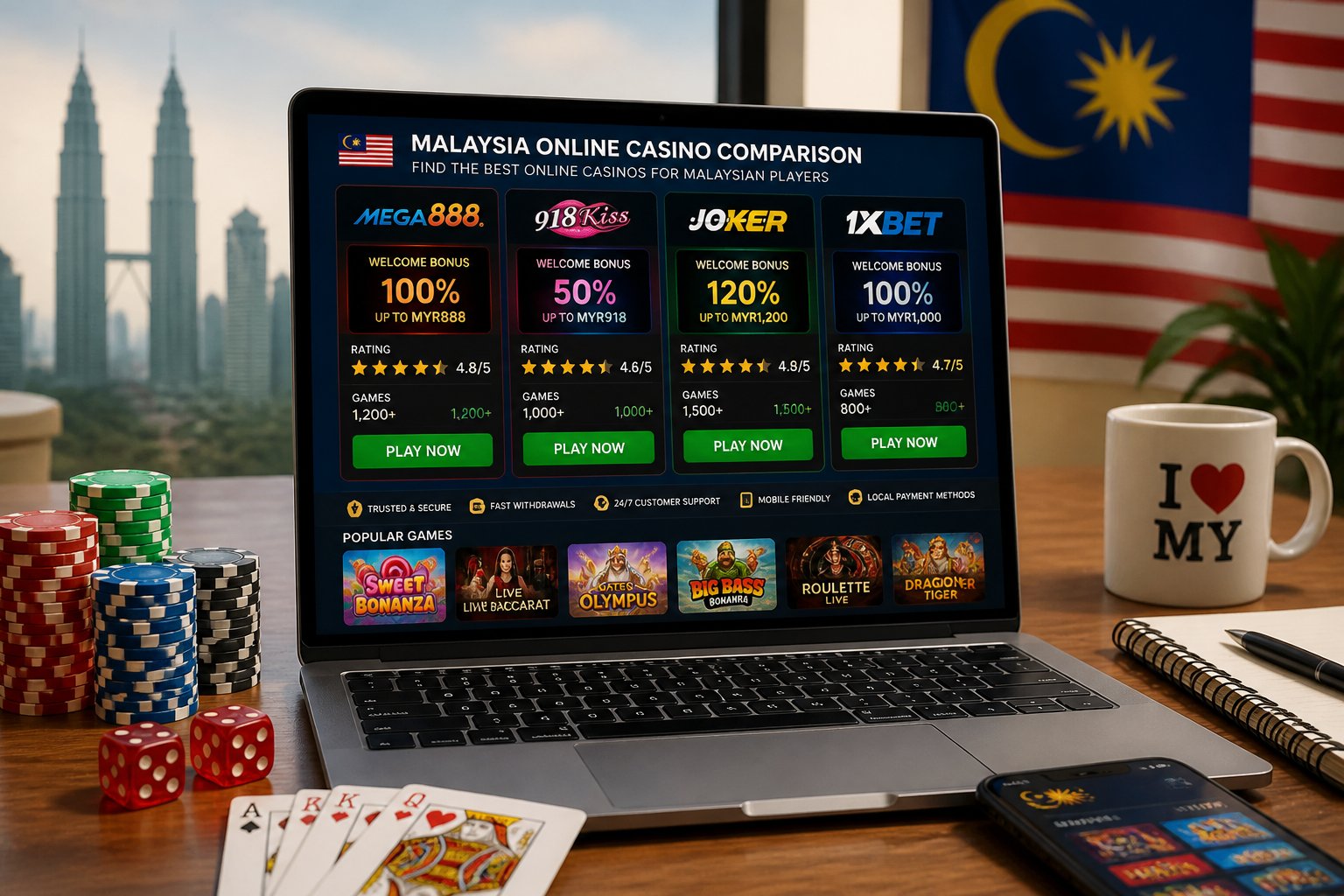 A laptop displaying multiple online casino websites with casino chips and cards on a desk, with a faint outline of the Petronas Towers in the background.