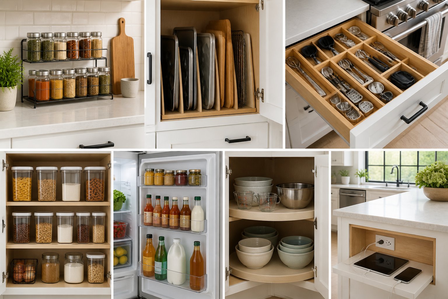 A modern kitchen showing seven organized spots including spice rack, baking sheet cabinet, utensil drawer, pantry shelf, refrigerator door, corner shelf, and kitchen island charging area.