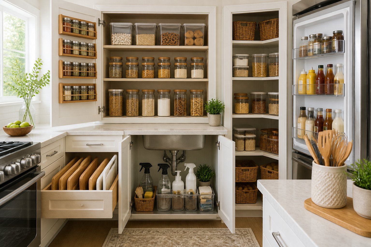 A clean kitchen showing seven organized storage areas including cabinets, drawers, shelves, and countertop spaces with various kitchen items neatly arranged.
