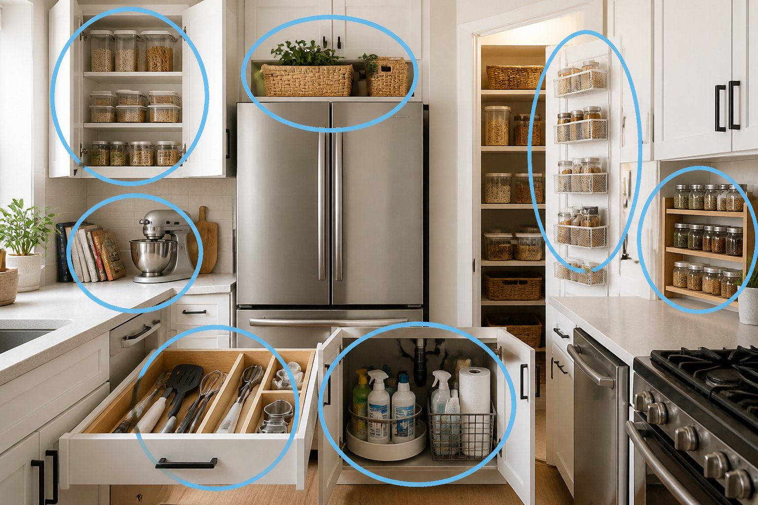 A clean modern kitchen showing seven organized spots including cabinets, refrigerator top, drawers, under the sink, spice rack, pantry door, and countertop corner.