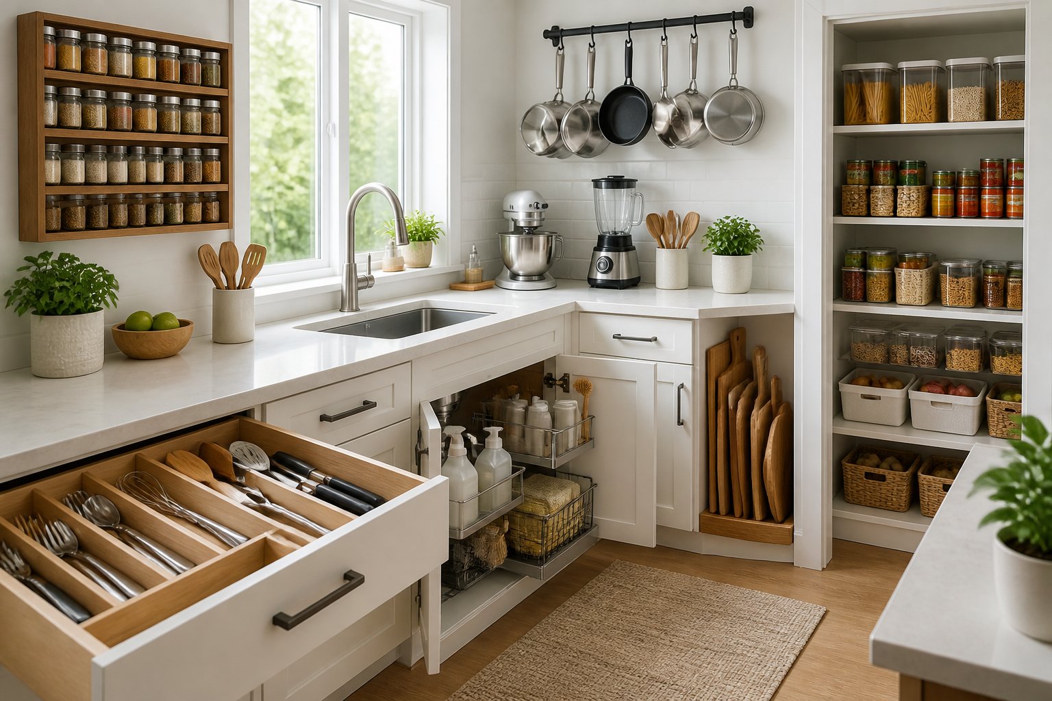 A modern kitchen showing several organized storage areas including drawers, spice rack, pantry shelves, under-sink cabinet, countertop gadgets, cutting boards, and hanging pots.