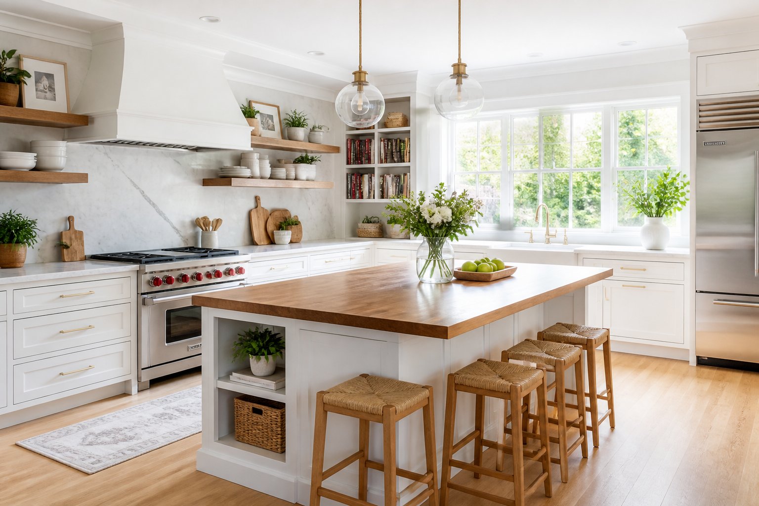 A bright and clean modern kitchen with white cabinets, marble countertops, a wooden island, stainless steel appliances, and natural light coming through large windows.