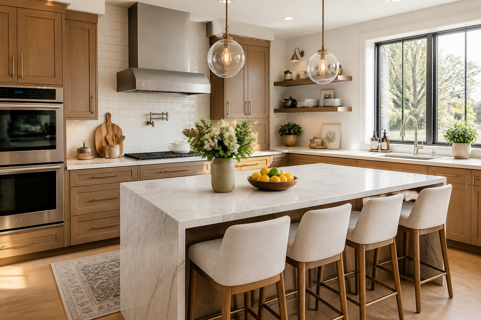 A bright, modern kitchen with a large marble island, wooden cabinets, stainless steel appliances, and natural light coming through large windows.
