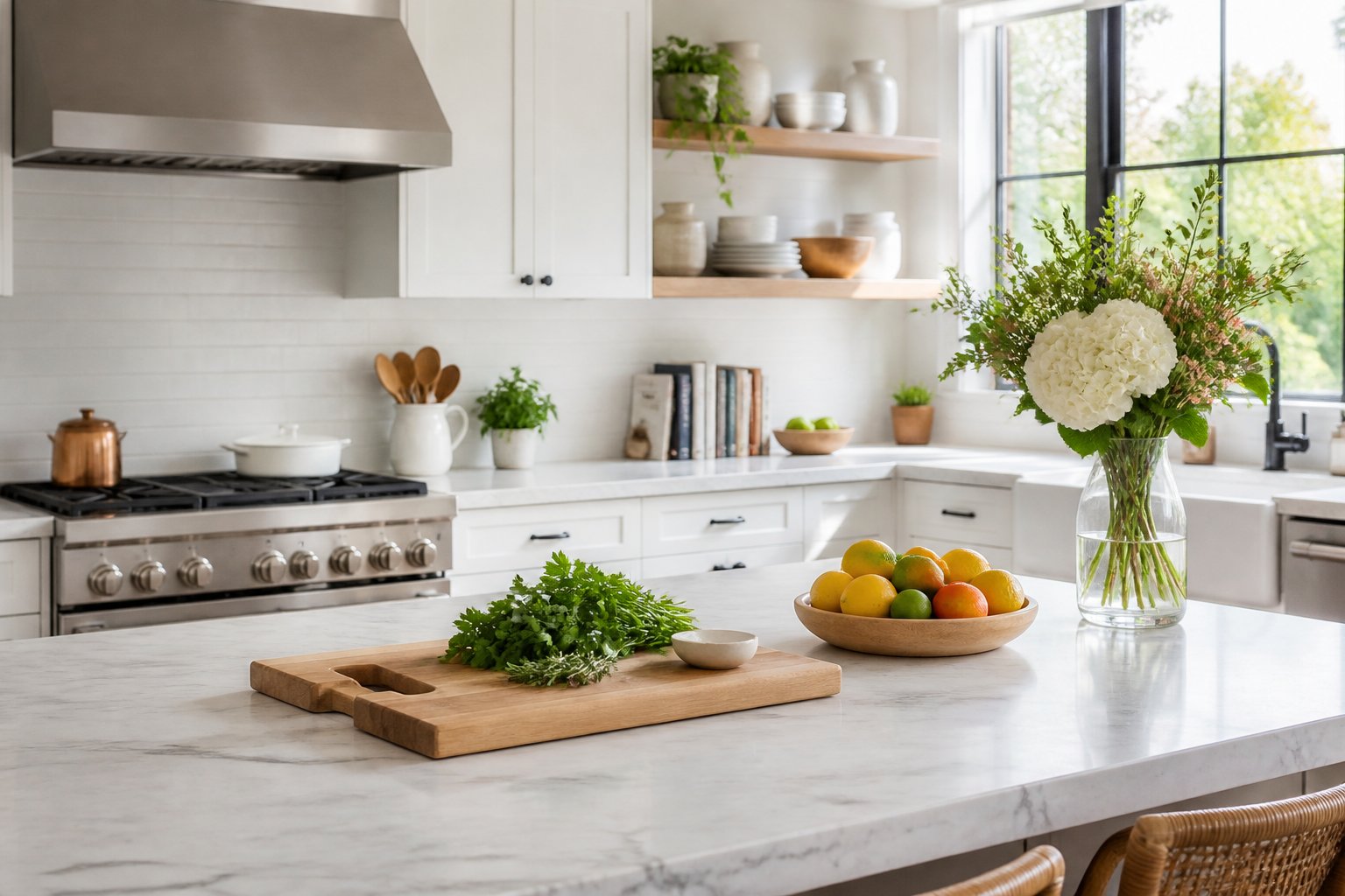 A bright modern kitchen with white cabinets, a marble island countertop, fresh herbs, flowers, and stainless steel appliances.