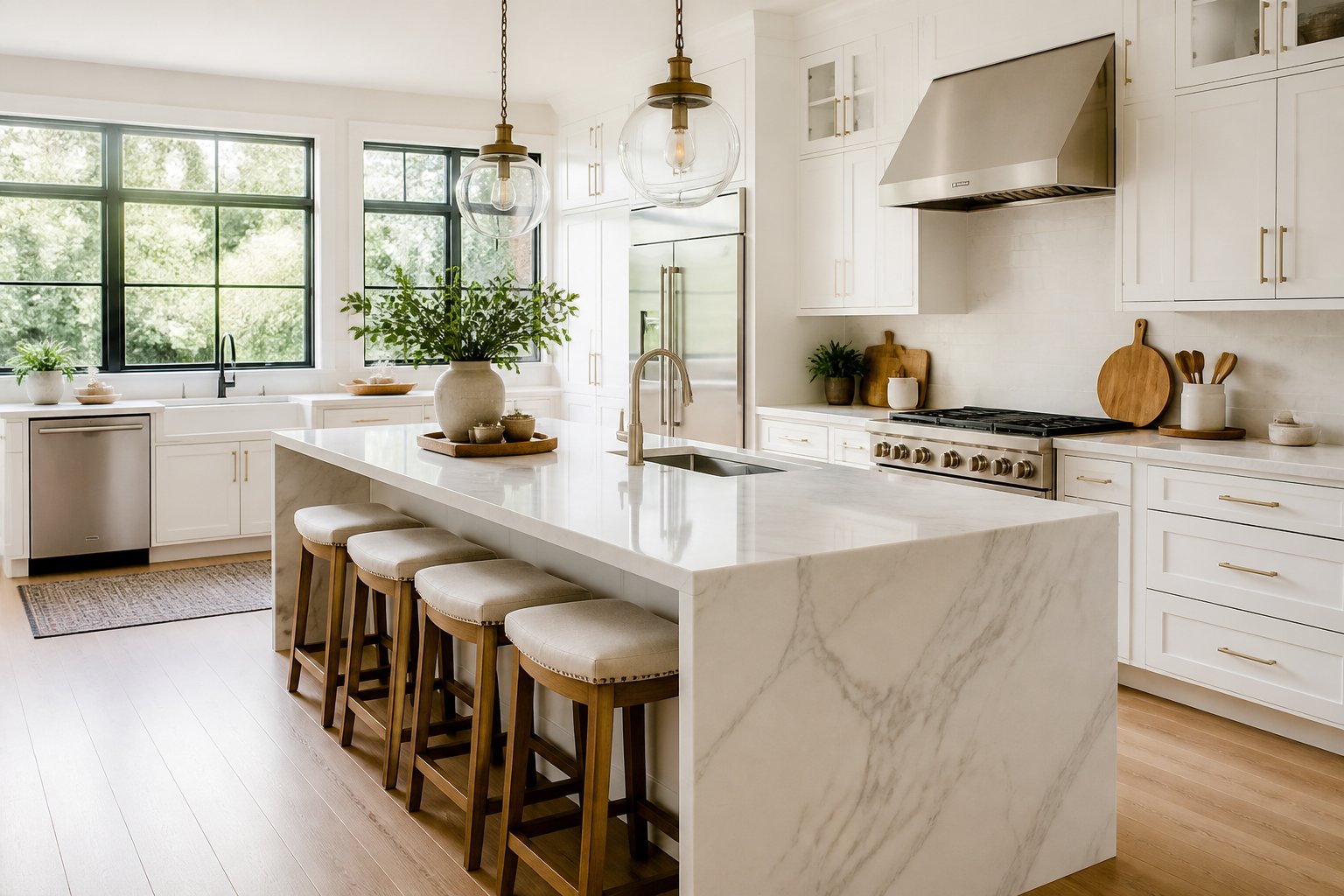 A bright modern kitchen with white cabinets, a marble island, bar stools, and natural light coming through large windows.