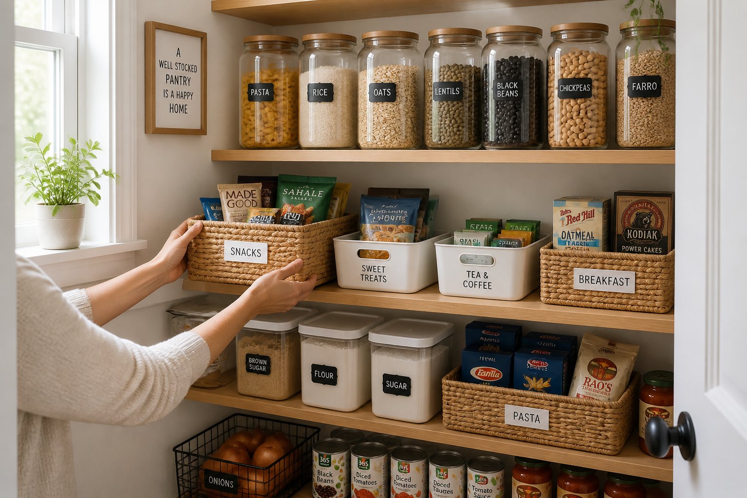 A small pantry with neatly organized shelves holding jars, baskets, and containers, with hands placing a basket on a shelf.