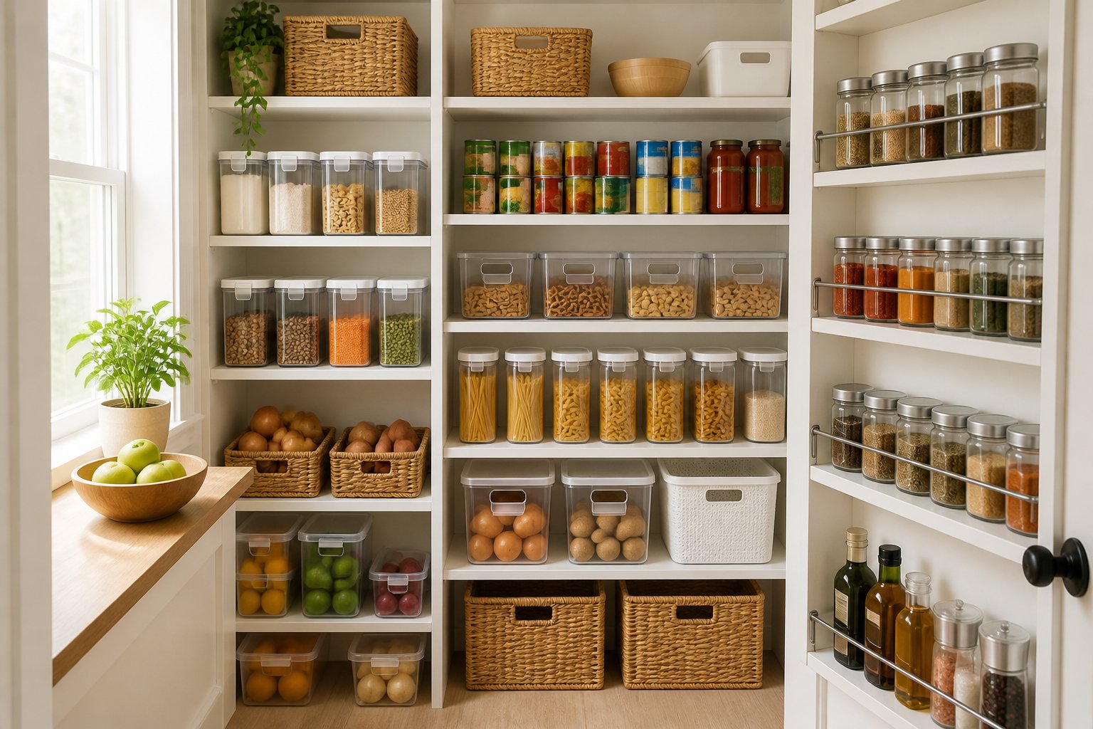 A small pantry neatly organized with clear containers, stackable bins, and adjustable shelves filled with various food items.