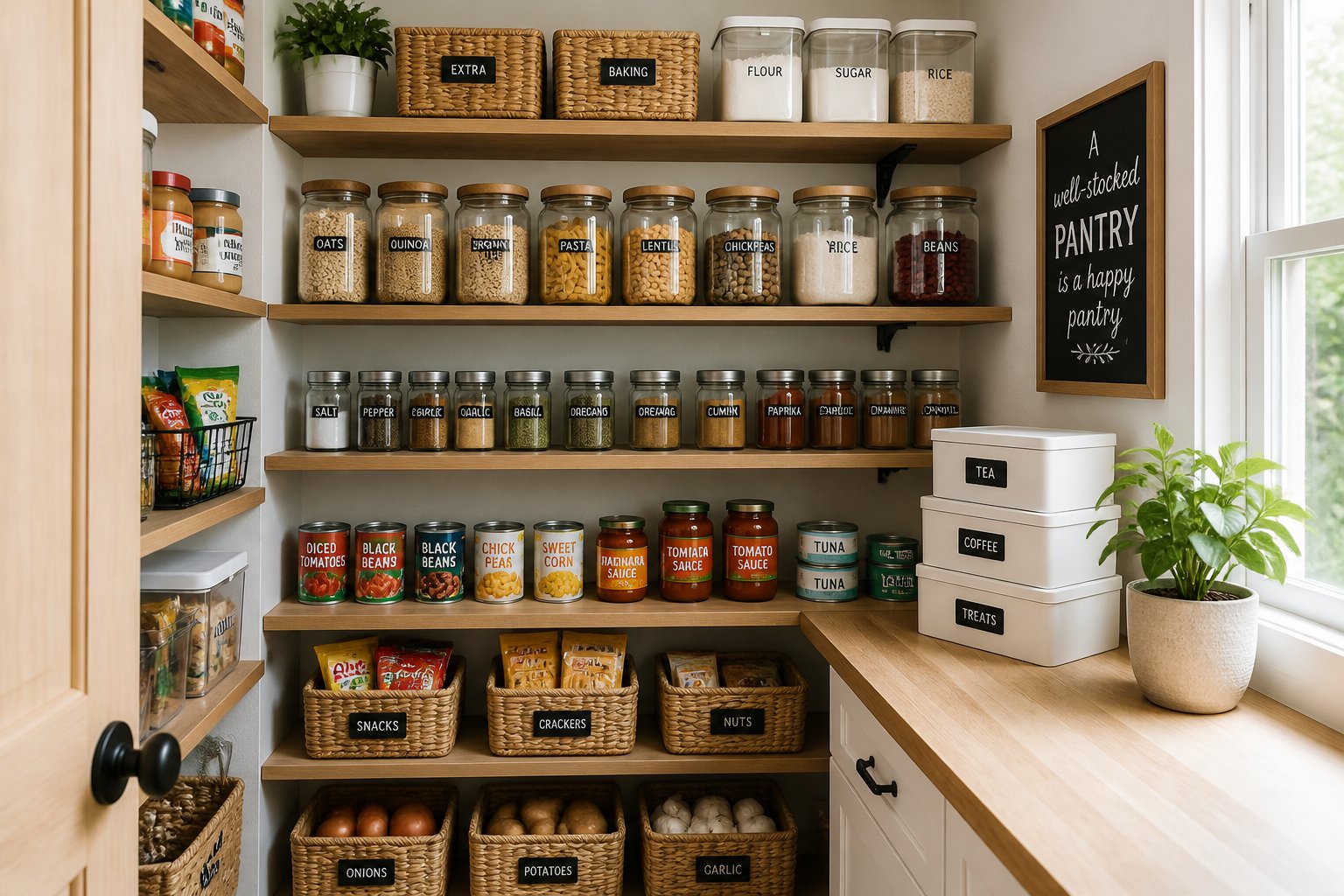 A small pantry with neatly arranged shelves holding jars, containers, and baskets of food items, with a clean countertop and a small plant.