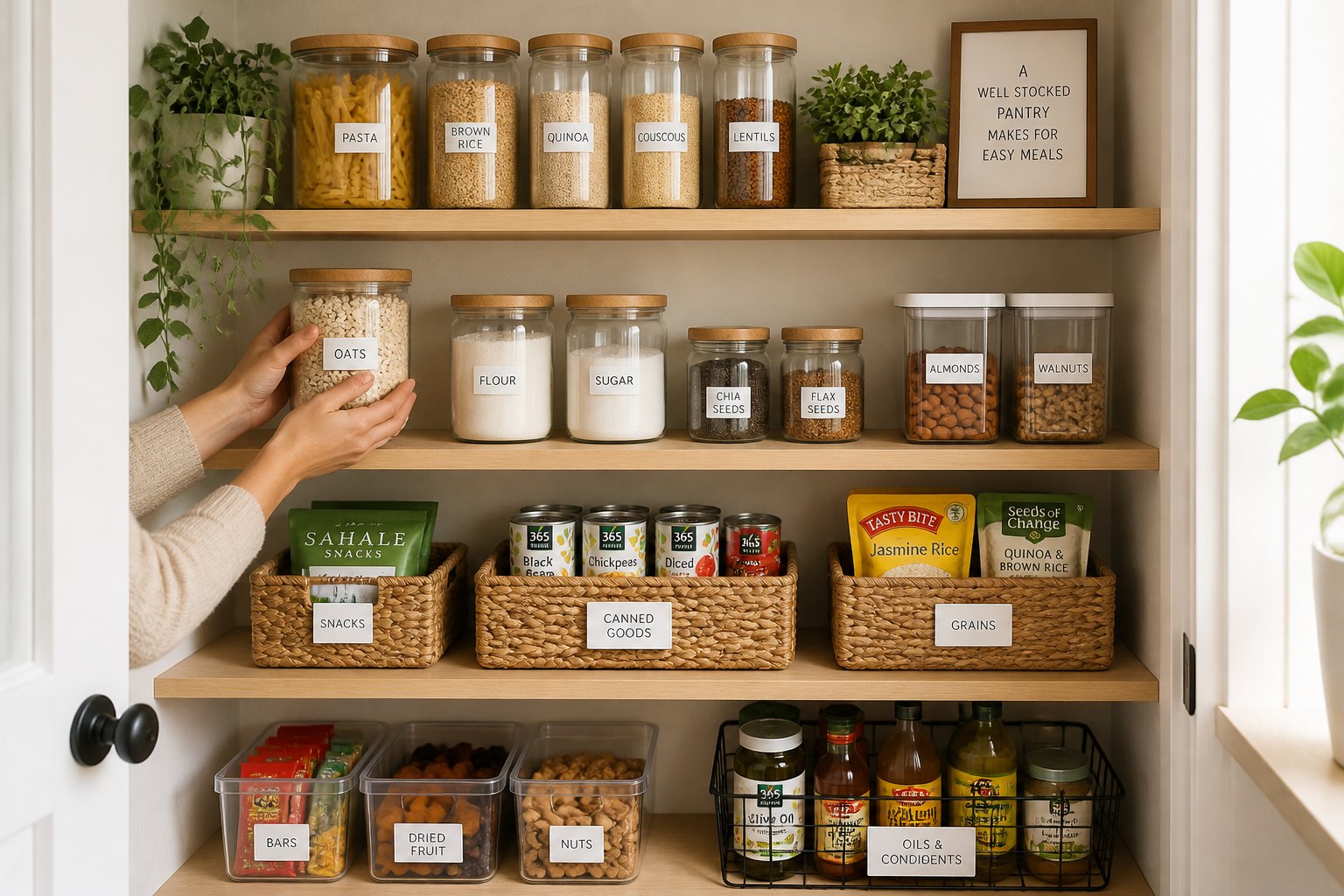 A small kitchen pantry with neatly arranged shelves filled with jars, containers, and baskets, showing someone organizing the space.