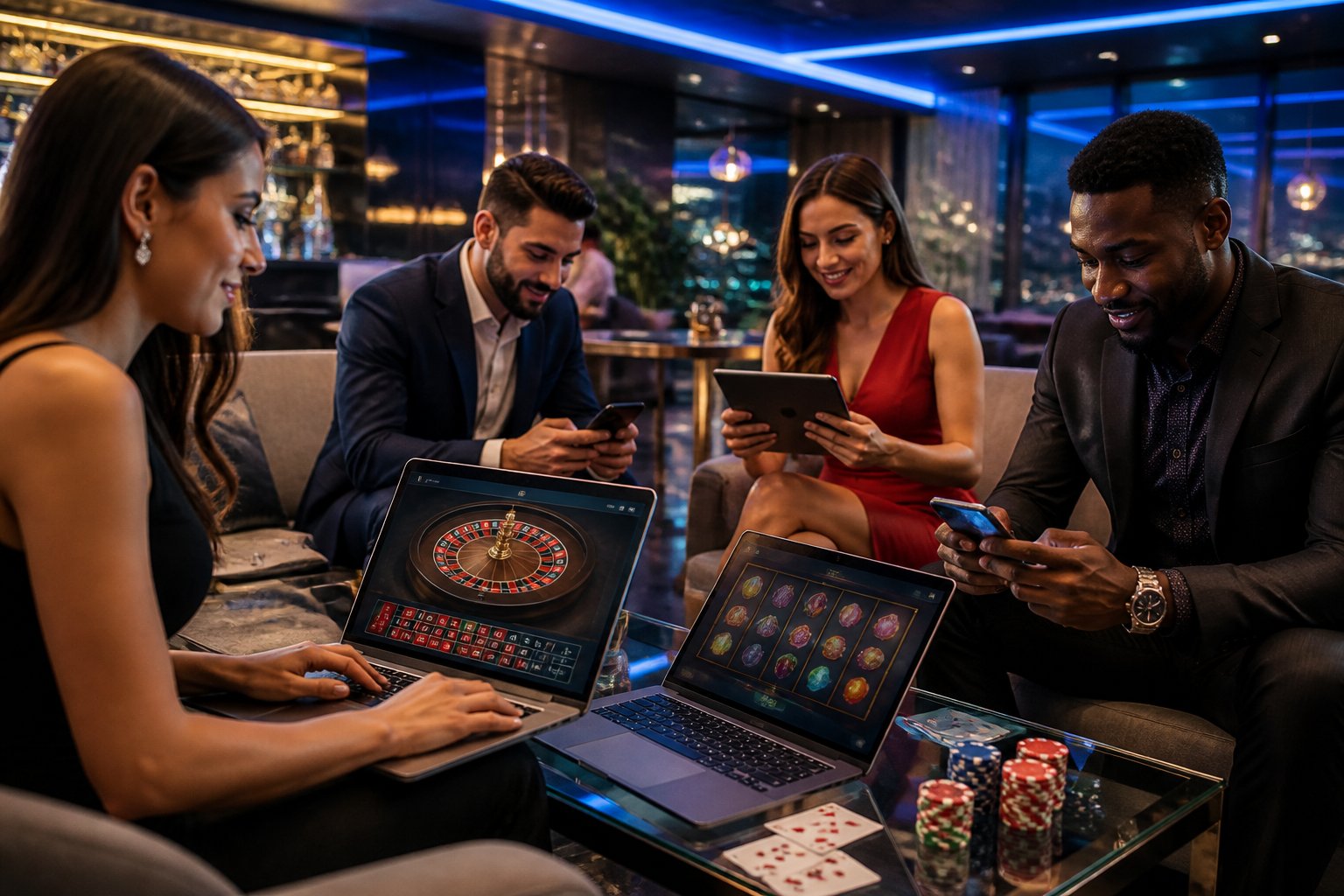 A group of adults playing casino games on laptops and mobile devices in a stylish, modern lounge.