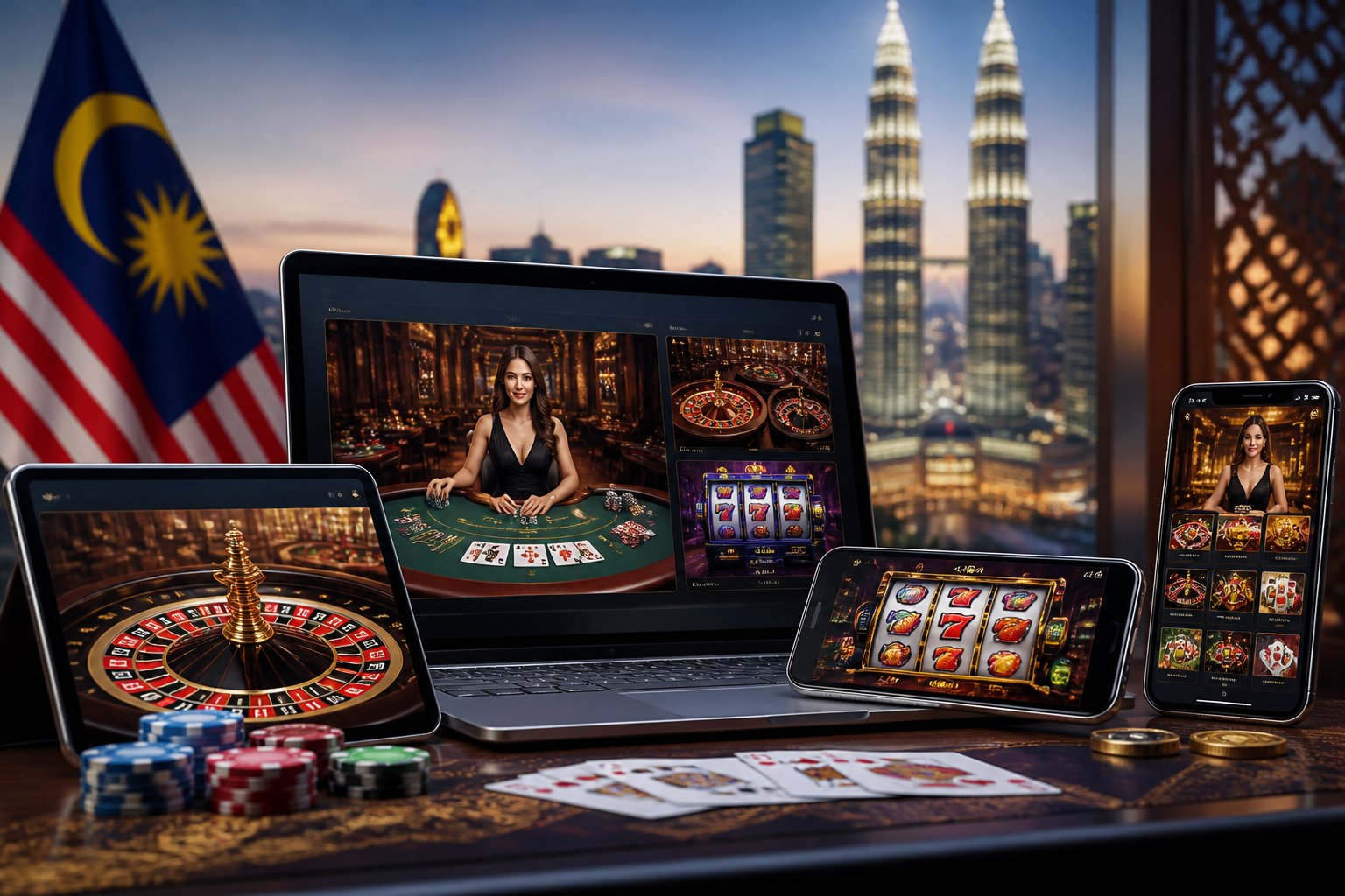 A modern digital setup showing casino games on multiple devices with a Malaysian city skyline in the background.