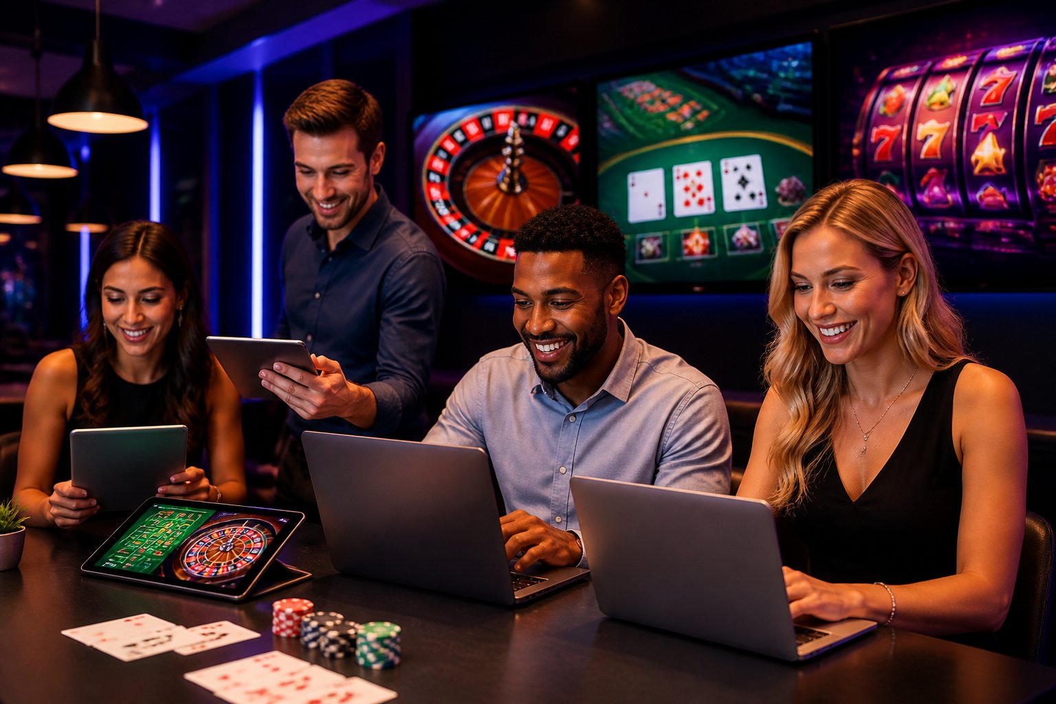 People playing online casino games on laptops and tablets in a modern, well-lit room with colorful game interfaces visible on screens.