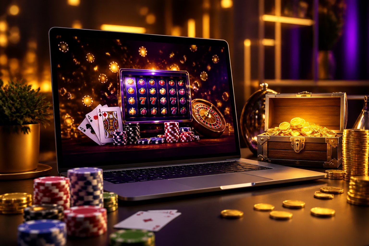 A laptop on a desk displaying an online casino interface with poker chips, playing cards, and golden coins around it.