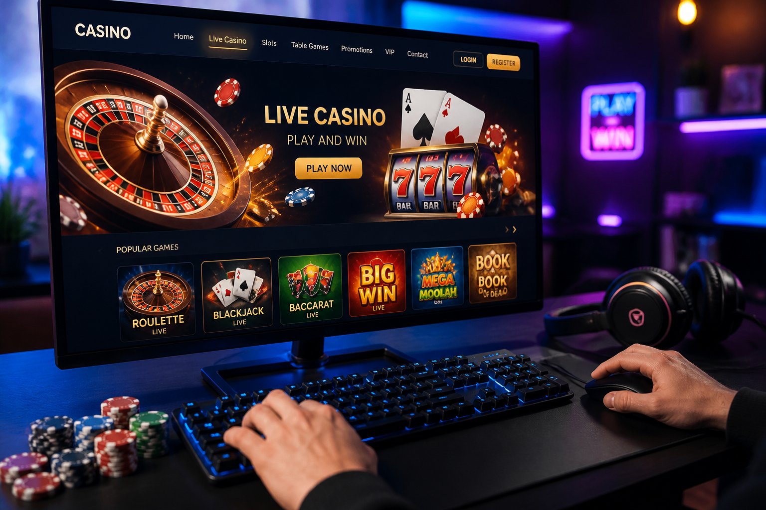 A person playing colorful casino games on a computer in a modern, well-lit workspace.