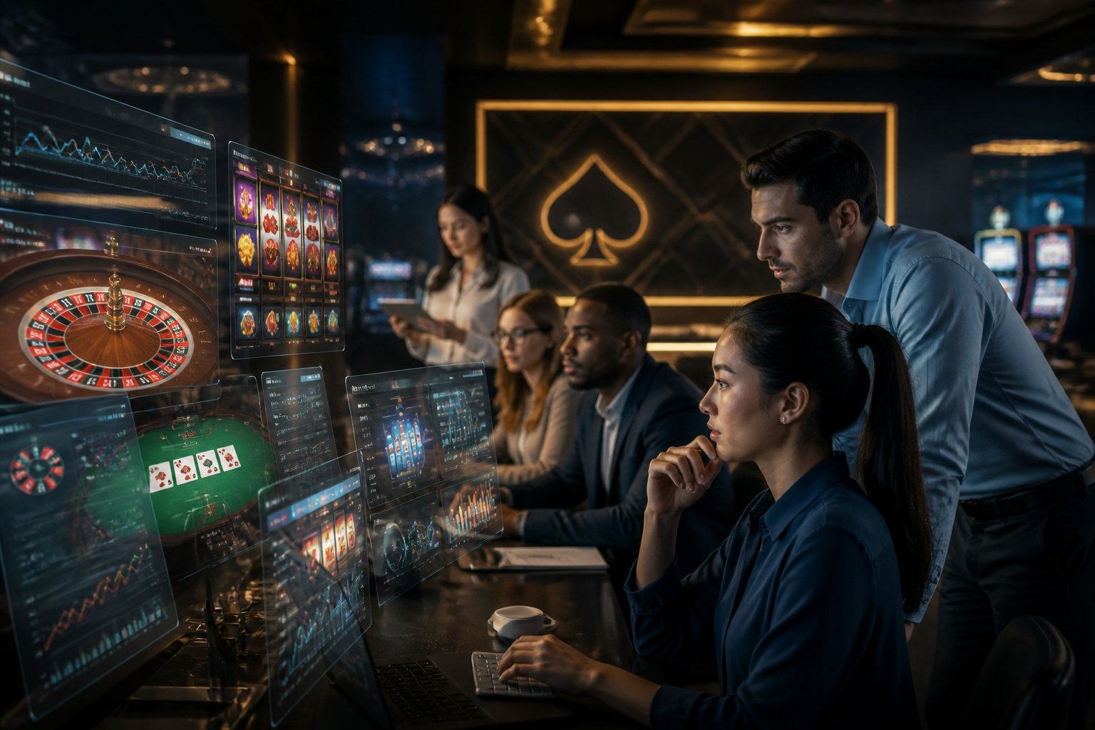 A group of professionals working together with multiple digital screens showing online casino games in a modern office setting.