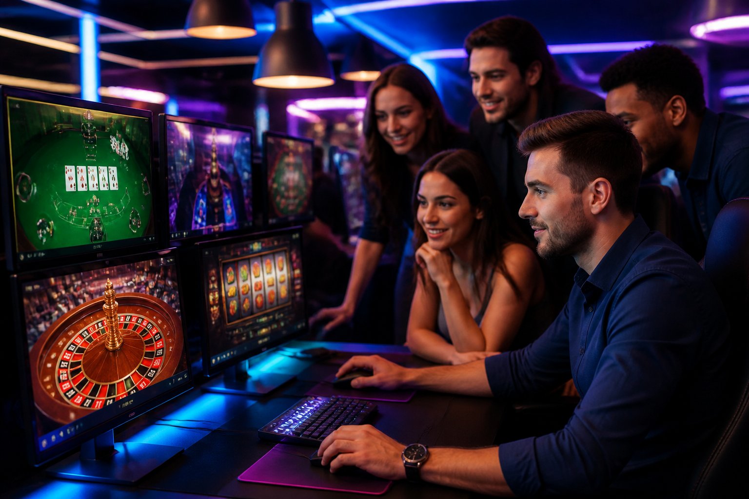 A group of adults playing online casino games on multiple screens in a modern, colorful gaming environment.