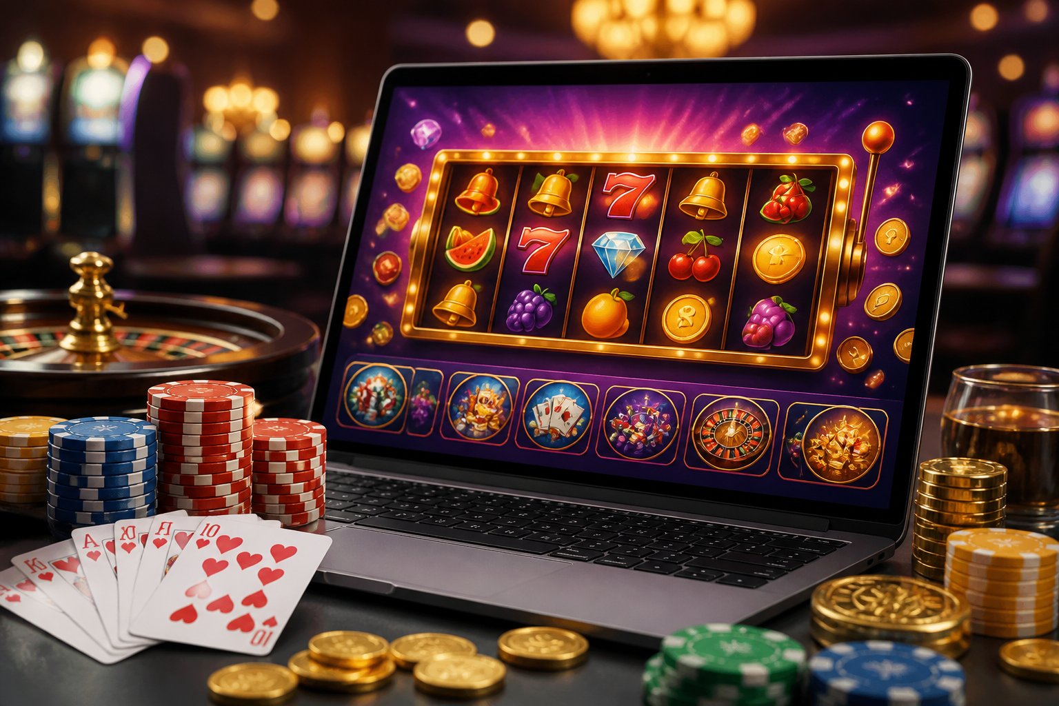 A laptop displaying colorful online casino games surrounded by poker chips, playing cards, and gold coins on a well-lit surface.