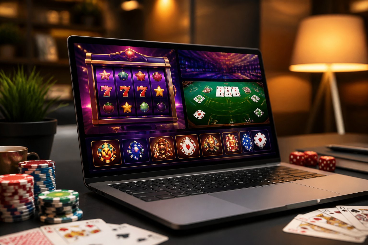A laptop on a desk showing an online casino game with poker chips and playing cards nearby.