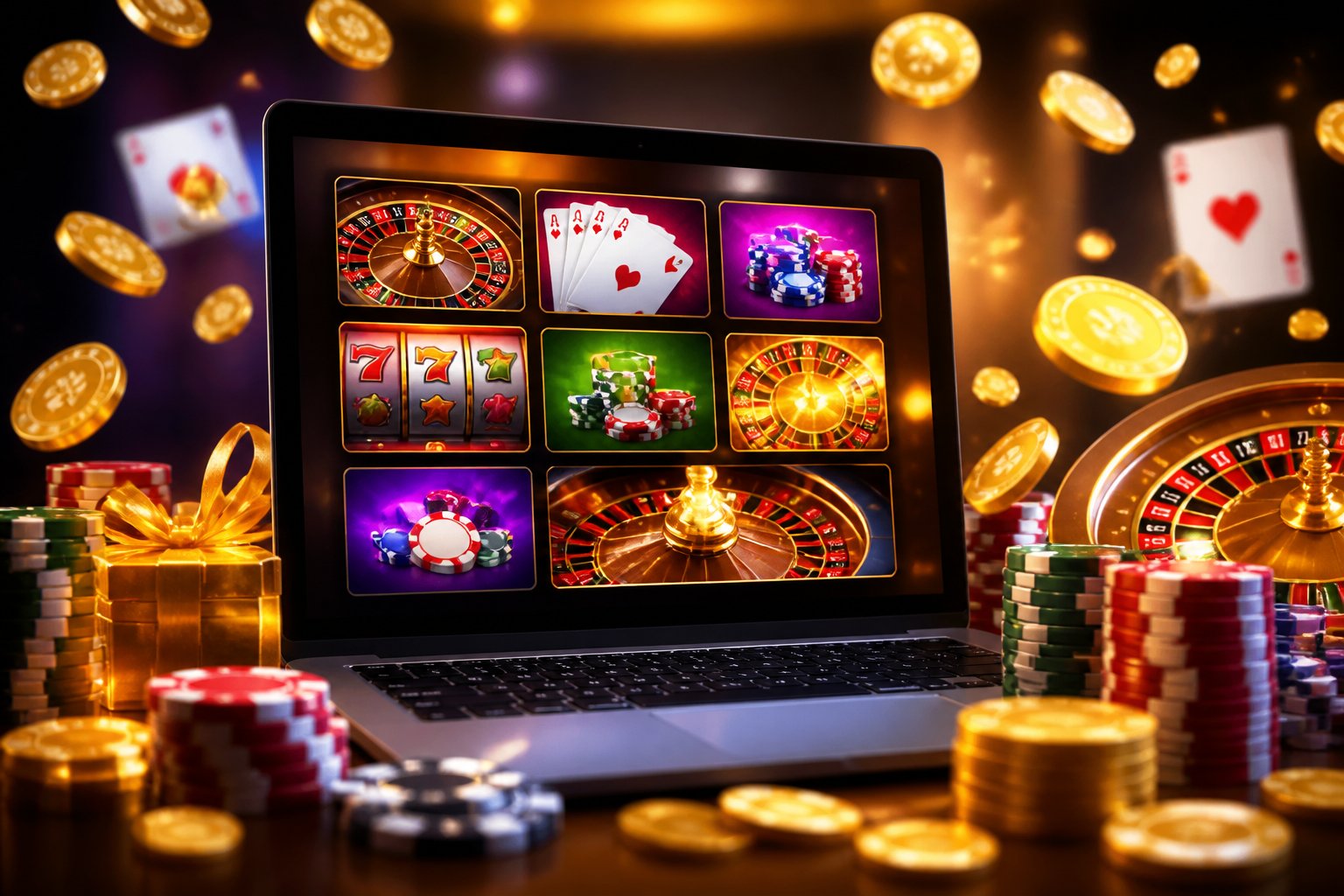 A computer screen showing colorful casino game icons surrounded by glowing coins and bonus symbols, creating an exciting online casino scene.