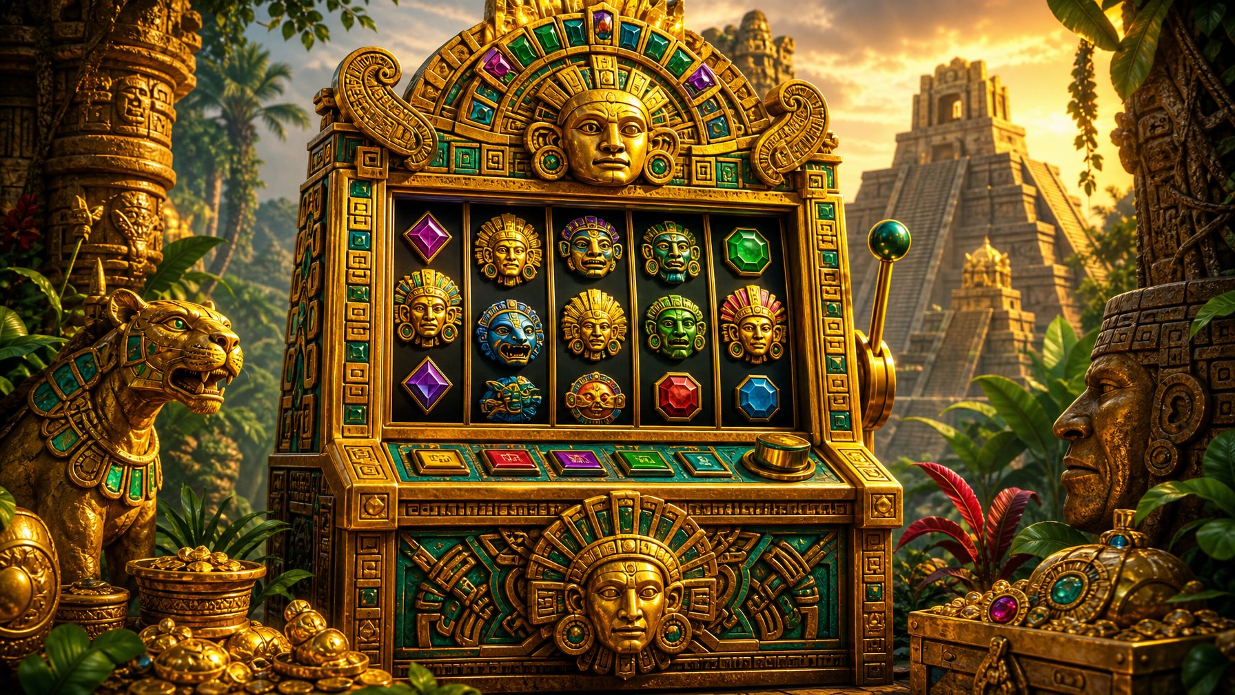 An AztecThemed Slot Machine Surrounded By Jungle Plants And Ancient Stone Carvings With A Temple In The Background.